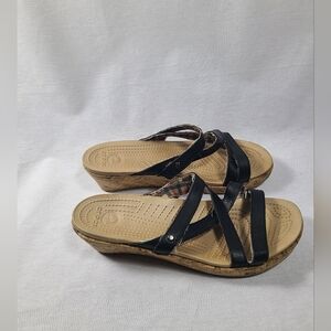 Crocs Women's A-leigh Black Leather Mini Wedge Cork Sandals Size 9